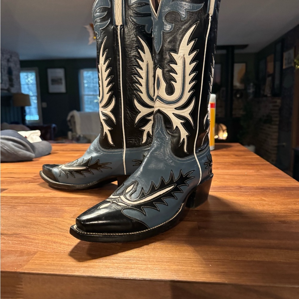 Lucchese double eagle custom handmade Black, Blue & White Western Cowboy Boots - Picture 2 of 6